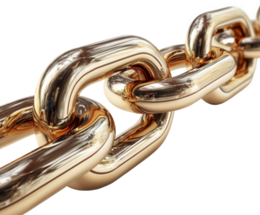 Close up of a shiny gold chain link isolated on transparent background