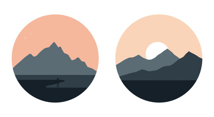Minimalist mountain and water landscapes featured in dual oval compositions