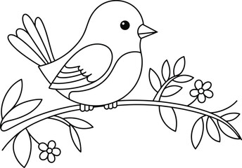 Sweet Black and White Bird on a Branch, Simple Line Art Illustration, Ideal for Coloring Pages, Children's Art, and Creative DIY Projects.
