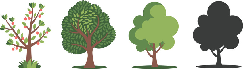 Illustrative Set of Four Distinct Tree Styles, Including Flat Design, Realistic, 3D, and Silhouette, Perfect for Diverse Graphic Design Projects.