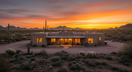 Adobe style house at sunset in desert landscape