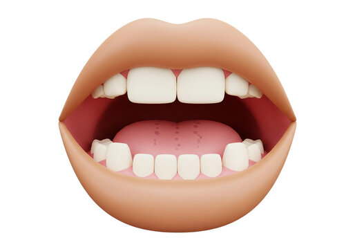 3D Cartoon Open Mouth with Clean White Teeth and Pink Tongue on White