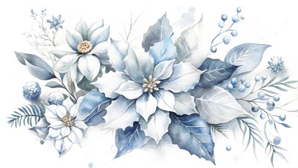 Elegant icy blue poinsettia floral arrangement with frosty berries and leaves, winter elegance