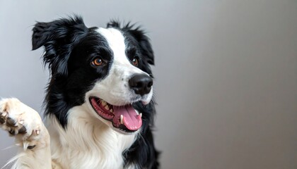 Fototapeta premium A border collie with a playful paw raised against a neutral backdrop.