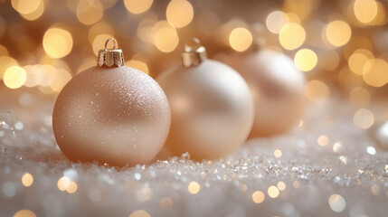 Close-up of Golden Christmas Ornaments with Sparkling Lights