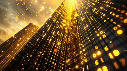 Abstract view of modern skyscrapers with glowing digital data flowing across their surfaces, illuminated by a warm, golden light.