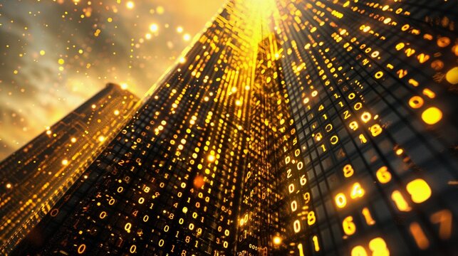 Abstract view of modern skyscrapers with glowing digital data flowing across their surfaces, illuminated by a warm, golden light.