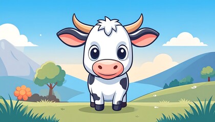 Cute cartoon cow in a landscape