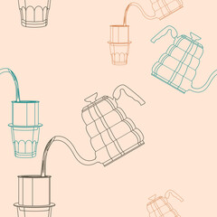 Editable Vector Illustration of Outline Style Pouring Hot Water for Vietnamese Coffee Brewing as Seamless Pattern for Creating Background of Cafe With Vietnamese Culture and Tradition Related Design