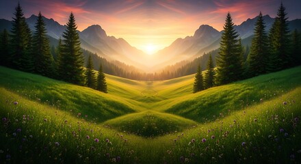 Peaceful Mountain Sunrise Landscape.