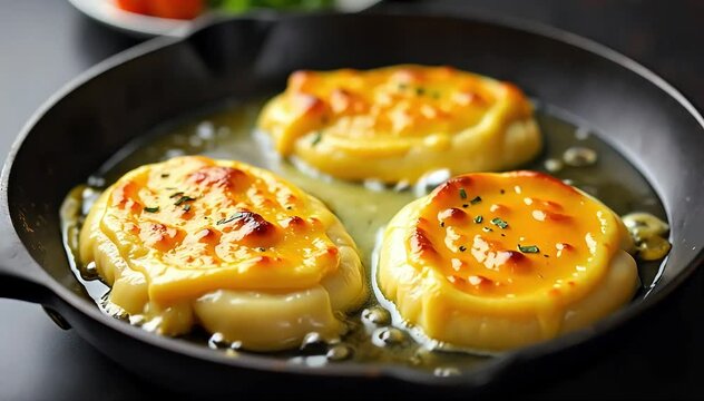 Frying cheese blintzes in skillet with bubbling butter and golden crust forming evenly 