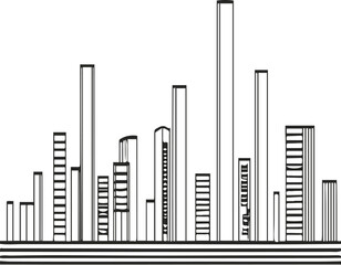 Black outline illustration of city skyline with minimal buildings, straight clean lines 1.