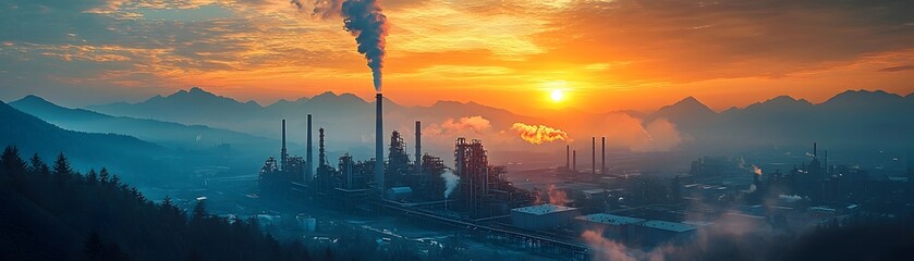 Fototapeta premium Industrial complex with smokestacks emitting smoke against a dramatic sunrise over mountains