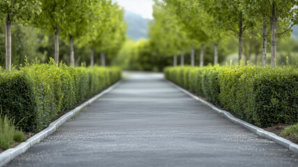 Obraz premium Serene pathway lined with lush hedges and trees on both sides