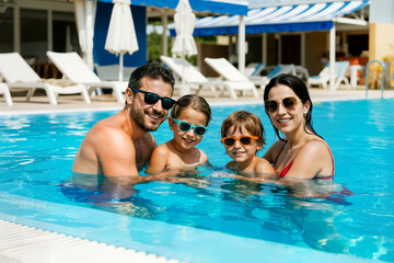 happy family in swimming pool on summer day concept concepto de familia feliz en una piscina en un día de verano concept d'une famille heureuse dans une piscine un jour d'été havuz aile tatil holiday