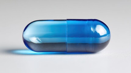 Close-up of a single blue transparent capsule on a white background