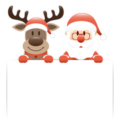 Rentier Und Weihnachtsmann Halten Schild Helles Rot