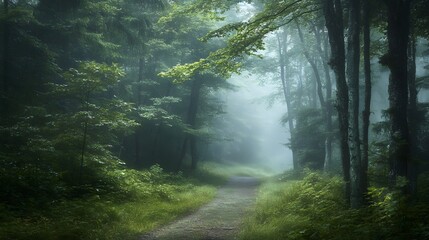 Serene forest pathway shrouded in mist, surrounded by lush greenery and towering trees