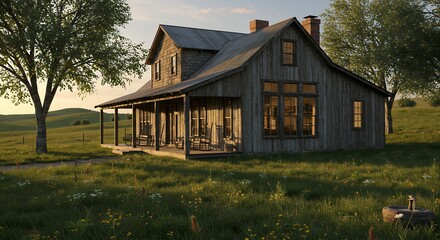 Fototapeta premium Rustic farmhouse in meadow