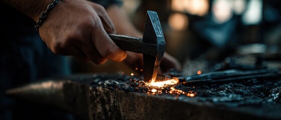 Closeup of a Caucasian adult blacksmith forging hot metal with a hammer on an anvil, creating sparks in a dark workshop Concept of craftsmanship, industry, and manual labor