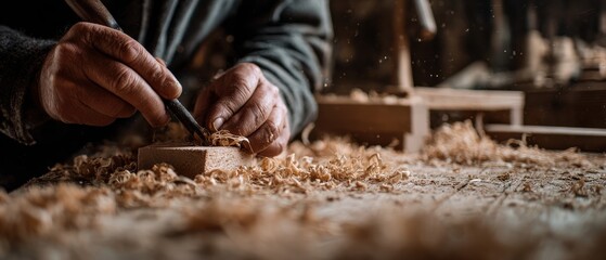 Closeup of Senior Caucasian Man Woodcarving with Chisel in Workshop, Crafting Detailed Woodwork Concept of Traditional Craft, Hobby, and Skilled Artisan