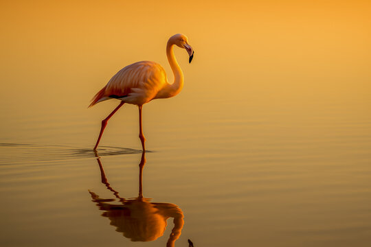 Flamingo walking gracefully on calm water during sunset