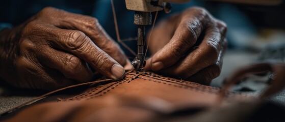Closeup of African American senior mans hands sewing leather with a vintage sewing machine indoors, showcasing craftsmanship and traditional skills Concept of handmade and artisan work