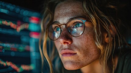 Focused female programmer looking at server rack with data streams