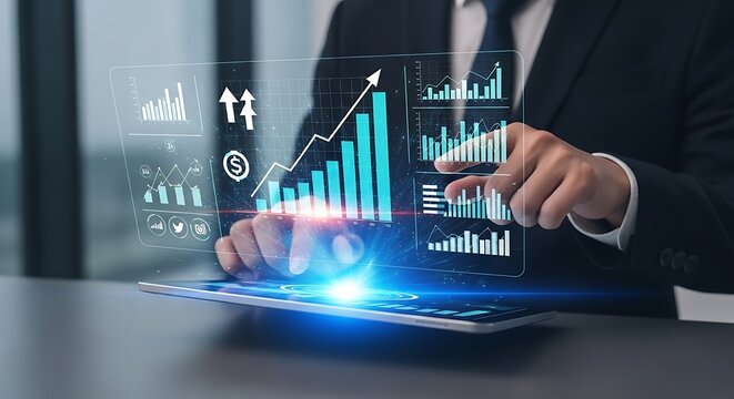 Businessman Analyzing Digital Business Analytics and Growth Charts on Tablet, Financial Strategy and Market Data Concept.