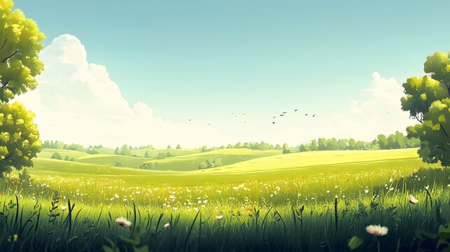 Serene landscape showcasing lush green fields under a clear blue sky with fluffy clouds and distant hills