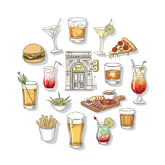 A circular arrangement of bar food, drinks, and building illustration.