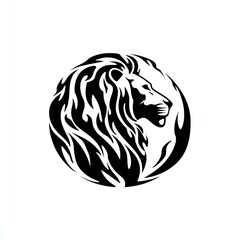 Lion head silhouette in black and white circular design
