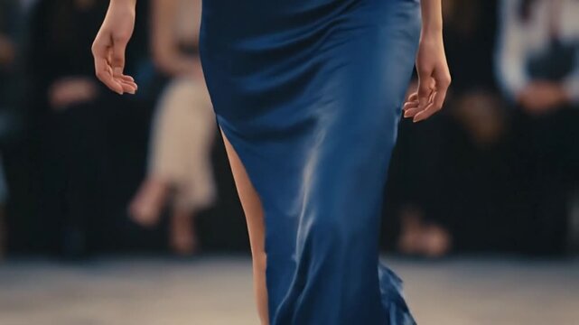 Runway elegance a model displays a flowing blue gown during fashion week performance