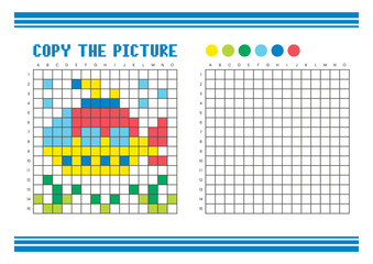 Copy the picture grid drawing worksheet for kids. Pixel art submarine