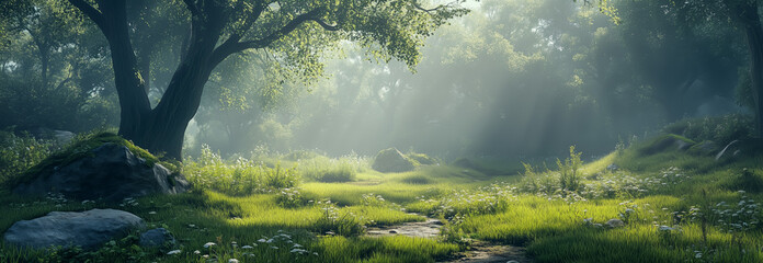 Serene forest landscape with sunlight filtering through trees