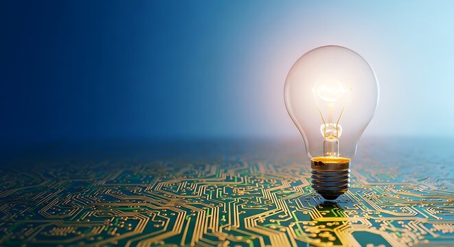 Illuminated light bulb above a circuit board, symbolizing innovation, technology, and bright ideas in the digital age