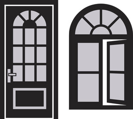 A classic architectural doors and windows vector set in monochrome, with arched tops for home interior, exterior design, or building graphics.
