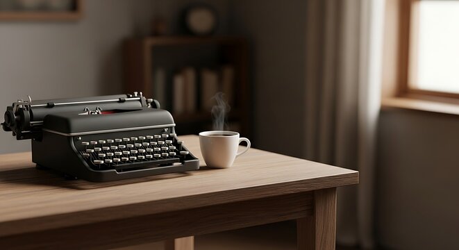 Vintage typewriter on a wooden table with a steaming coffee cup, evoking a sense of classic writing and warm beverage enjoyment - Powered by Adobe