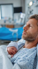 Fototapeta premium Caucasian male holding newborn in hospital room