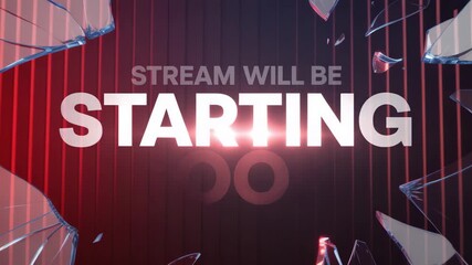Dynamic stream announcement with shattered glass effect, modern design and vibrant red and white text, perfect for live broadcasts
