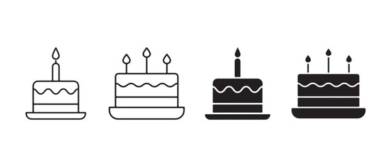 Cake icon set. isolated on white background, birthday cake with candle vector.