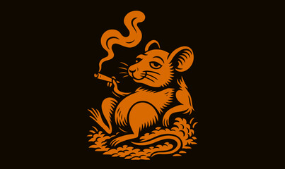 Vintage Line Art Mouse Smoking — Minimalist Tattoo Style, vintage tattoo illustration, smoking mouse art, minimalist line drawing, retro animal design, orange mouse silhouette,