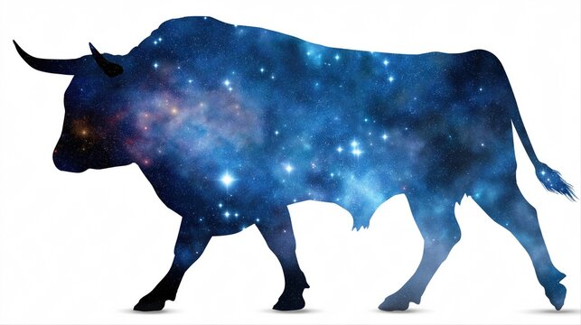 Cosmic bull silhouette with starry sky background and nebula details. Astrological zodiac sign Taurus