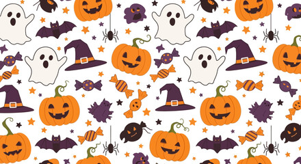 Flat lay Halloween pattern featuring pumpkins, ghosts, bats, witches' hats, and candy corn against a white background with an orange and purple color scheme.