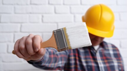 Caucasian male painter holding brush in front of brick wall wearing yellow hard hat