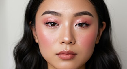 Fototapeta premium Close-up portrait of a woman with delicate, rosy makeup, showcasing a soft, subtle beauty.