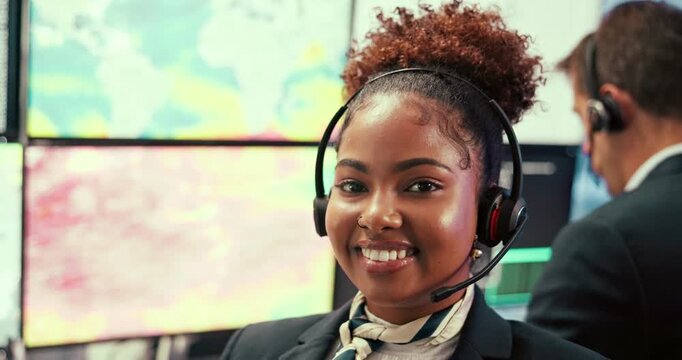 Computer screen, face and smile of woman in control room of airport to monitor climate or weather patterns. Meteorology, satellite and surveillance with happy person in office for air traffic safety