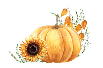 Watercolor yellow orange pumpkin, physalis, sunflower, and wild grasses illustration on isolated background. Autumn composition for seasonal designs, Thanksgiving, harvest festival packaging.