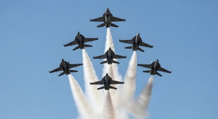 Seven fighter jets flying in formation leaving smoke trails against a clear blue sky