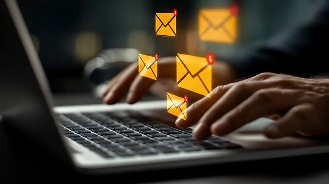 Hands Typing On Laptop Keyboard With Yellow Email Icons Overlay In Dark Room